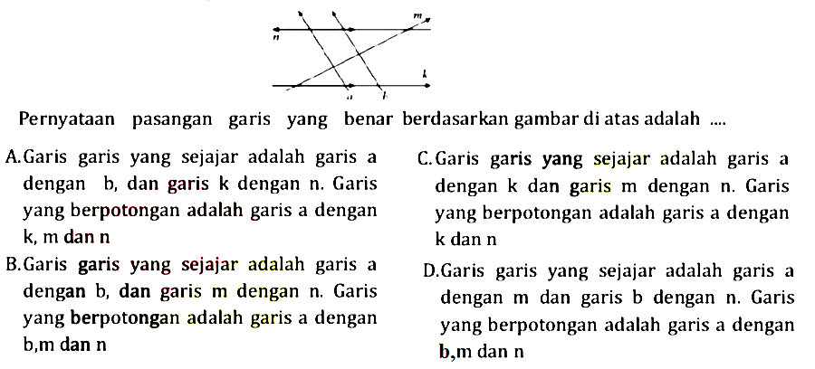 Pernyataan pasangan garis yang benar berdasarkan gambar diatas adalah...