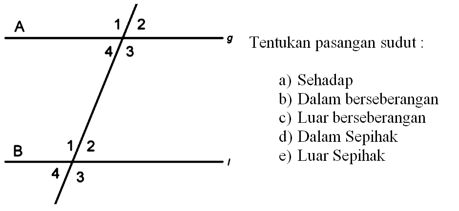 Tentukan pasangan sudut: a) Sehadap b) Dalam berseberangan c) Luar berseberangan d) Dalam Sepihak e) Luar Sepihak