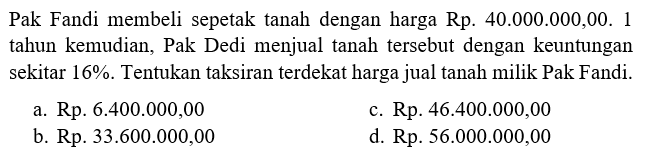 Pak Fandi membeli sepetak tanah dengan harga Rp. 40.000.000,00.1 tahun kemudian, Pak Dedi menjual tanah tersebut dengan keuntungan sekitar 16%. Tentukan taksiran terdekat harga jual tanah milik Pak Fandi.