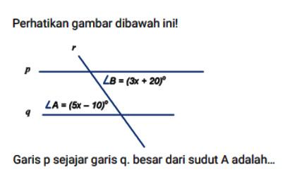 Perhatikan gambar dibawah ini! r p sudut B=(3x+20) sudut A=(5x-10) qGaris p sejajar garis q. besar dari sudut A adalah...