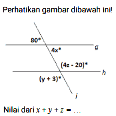 Perhatikan gambar dibawah ini! 80 4x 8 (4z-20) (y+3) Nilai dari x+y+z= .... 