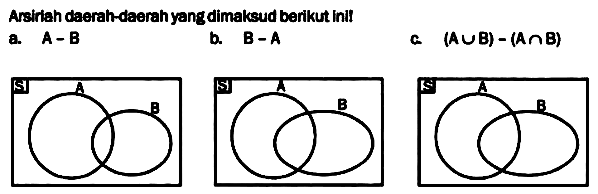 Arsirlah daerah-daerah yang dimaksud berikut ini! 
a. A - B 
b. B - A 
c. (A U B) - (A n B) 
S A B S A B S A B