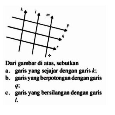 Dari gambar di atas, sebutkana. garis yang sejajar dengan garis k ;b. garis yang berpotongan dengan garis q c. garis yang bersilangan dengan garis l.