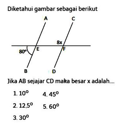 Diketahui gambar sebagai berikut 80 8xJika AB sejajar CD maka besar x adalah....