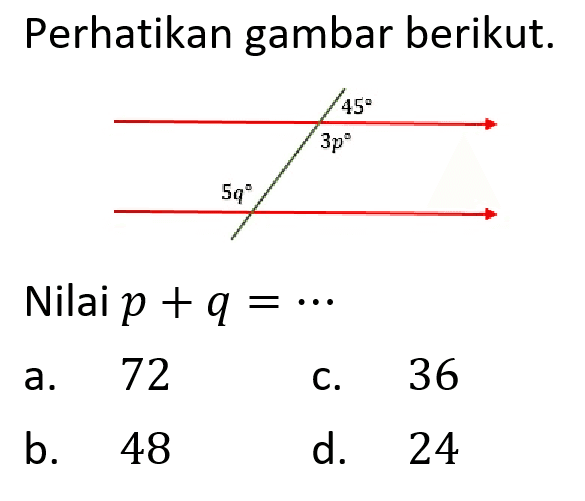 Perhatikan gambar berikut.Nilai p+q= .... 5q 3p 45