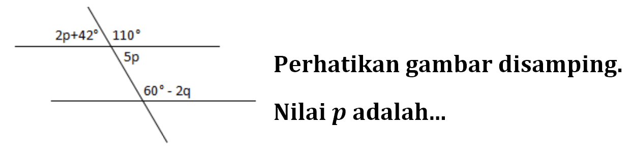 Perhatikan gambar disamping. 2p+42 110 5p 60-2qNilai  p  adalah...