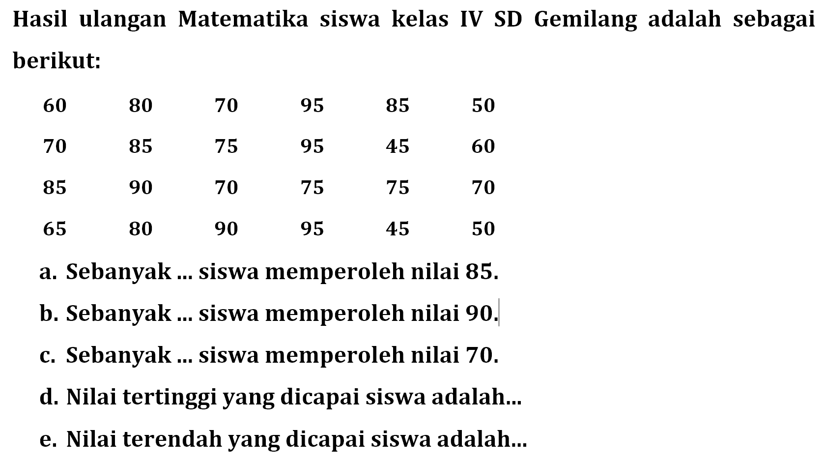 Hasil ulangan Matematika siswa kelas IV SD Gemilang adalah sebagai berikut: llll60  80  70  95  85  50  70  85  75  95  45  60  85  90  70  75  75  70  65  80  90  95  45  50 