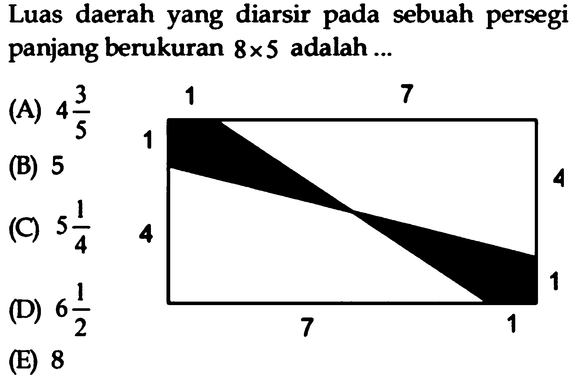 Luas daerah yang diarsir pada sebuah persegi panjang berukuran 8 x 5 adalah ...