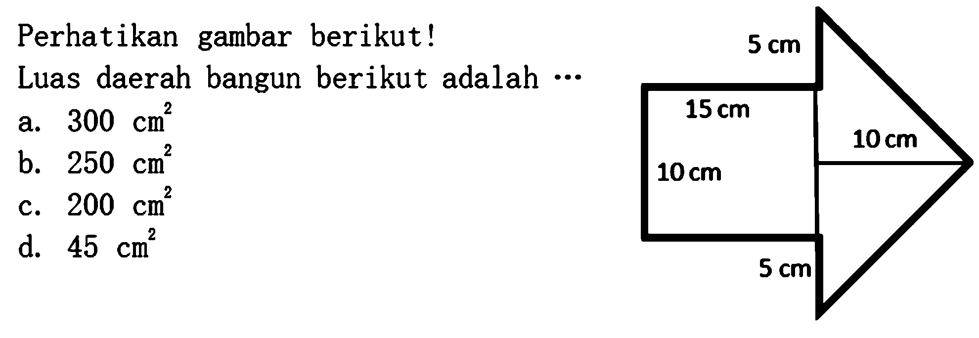 Perhatikan gambar berikut! 5 cm 15 cm 10 cm 10 cm 5 cmLuas daerah bangun berikut adalah  ...a.  300 cm^2 b.  250 cm^2 c.  200 cm^2 d.  45 cm^2 