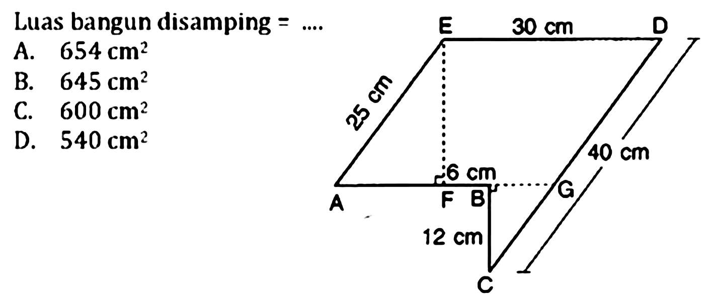 Luas bangun disamping = .... 25 cm 30 cm 6 cm 12 cm 40 cm