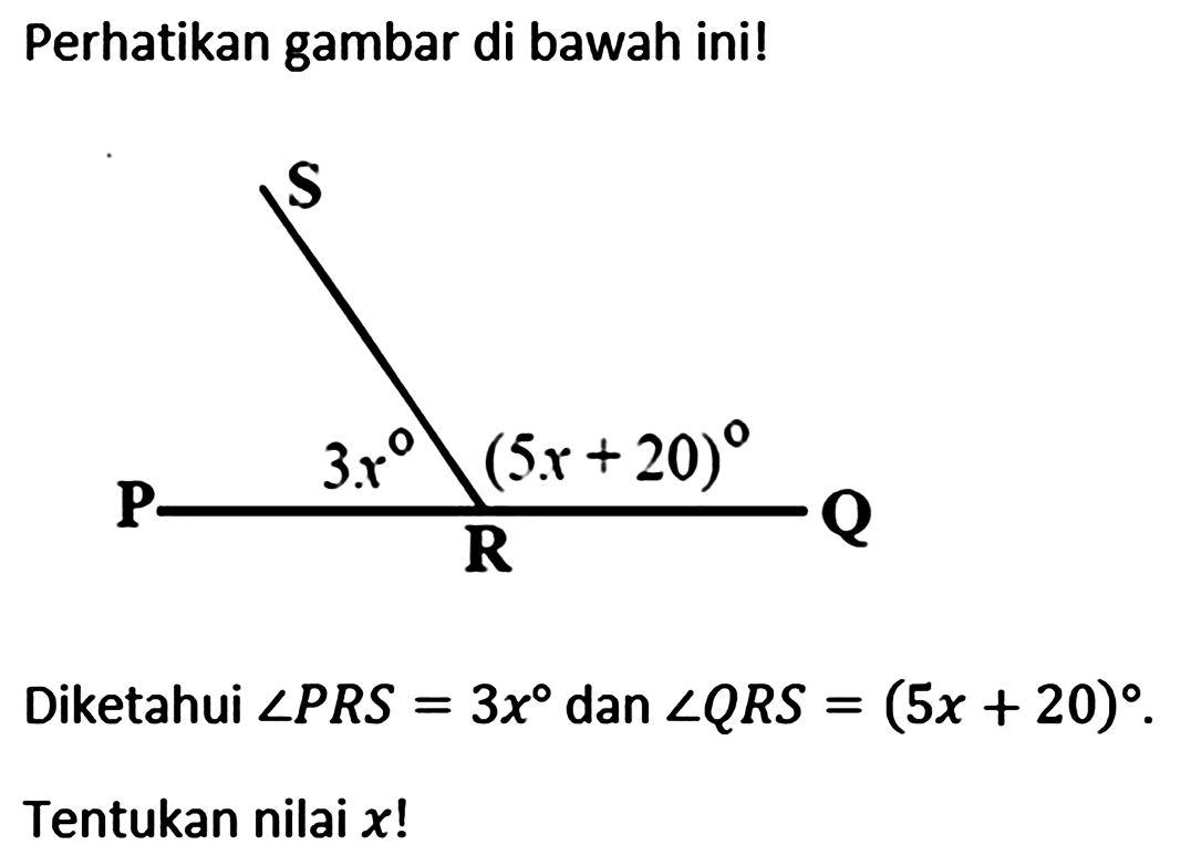 Perhatikan gambar di bawah ini!Diketahui sudut PRS=3x dan sudut QRS=(5x+20) .Tentukan nilai x! 