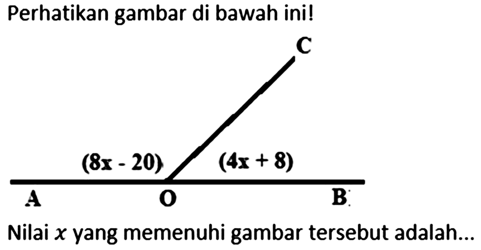 Perhatikan gambar di bawah ini!C(8x-20) (4x+8)A O BNilai x yang memenuhi gambar tersebut adalah...