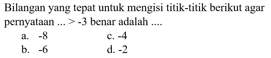 Bilangan yang tepat untuk mengisi titik-titik berikut agar pernyataan >-3 benar adalah