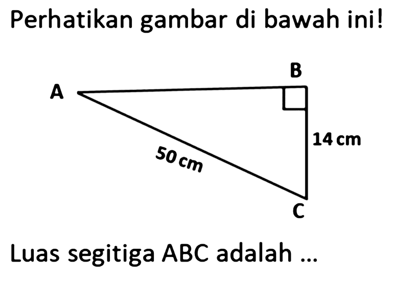 Perhatikan gambar di bawah ini! A B C 50cm 14 cmLuas segitiga  ABC  adalah ...