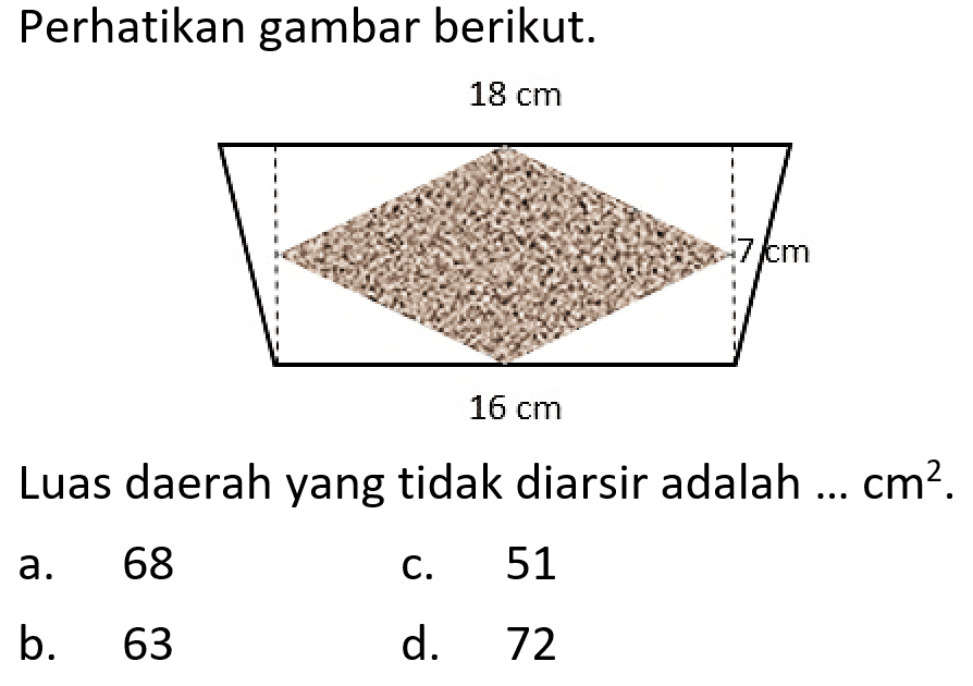 Perhatikan gambar berikut.18 cm 7 cm 16 cm Luas daerah yang tidak diarsir adalah ...  cm^2 .