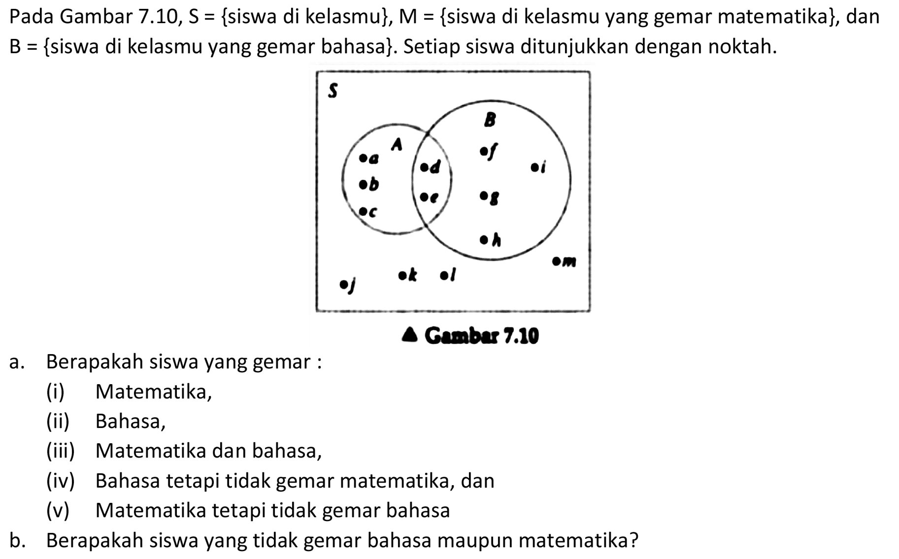 Pada Gambar 7.10, S = {siswa di kelasmu}, M={ siswa di kelasmu yang gemar matematika}, dan B={ siswa di kelasmu yang gemar bahasa}. Setiap siswa ditunjukkan dengan noktah. A a b c d e B f g h i j k l m S
a. Berapakah siswa yang gemar :
(i) Matematika,
(ii) Bahasa,
(iii) Matematika dan bahasa,
(iv) Bahasa tetapi tidak gemar matematika, dan
(v) Matematika tetapi tidak gemar bahasa
b. Berapakah siswa yang tidak gemar bahasa maupun matematika?