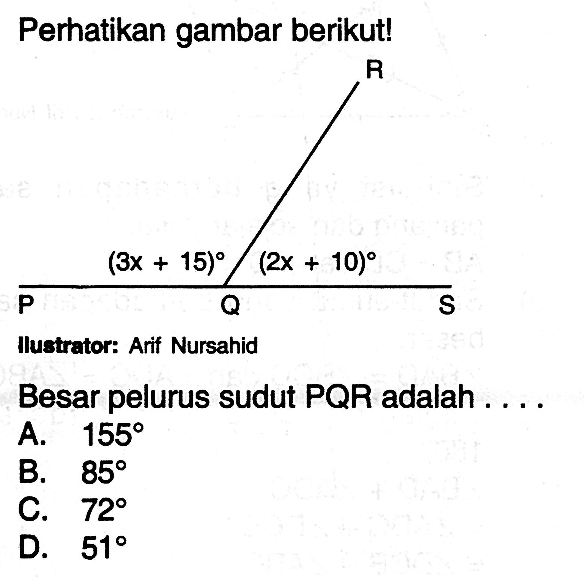 Perhatikan gambar berikut!(3x+15) (2x+10)Besar pelurus sudut PQR adalah . . . .