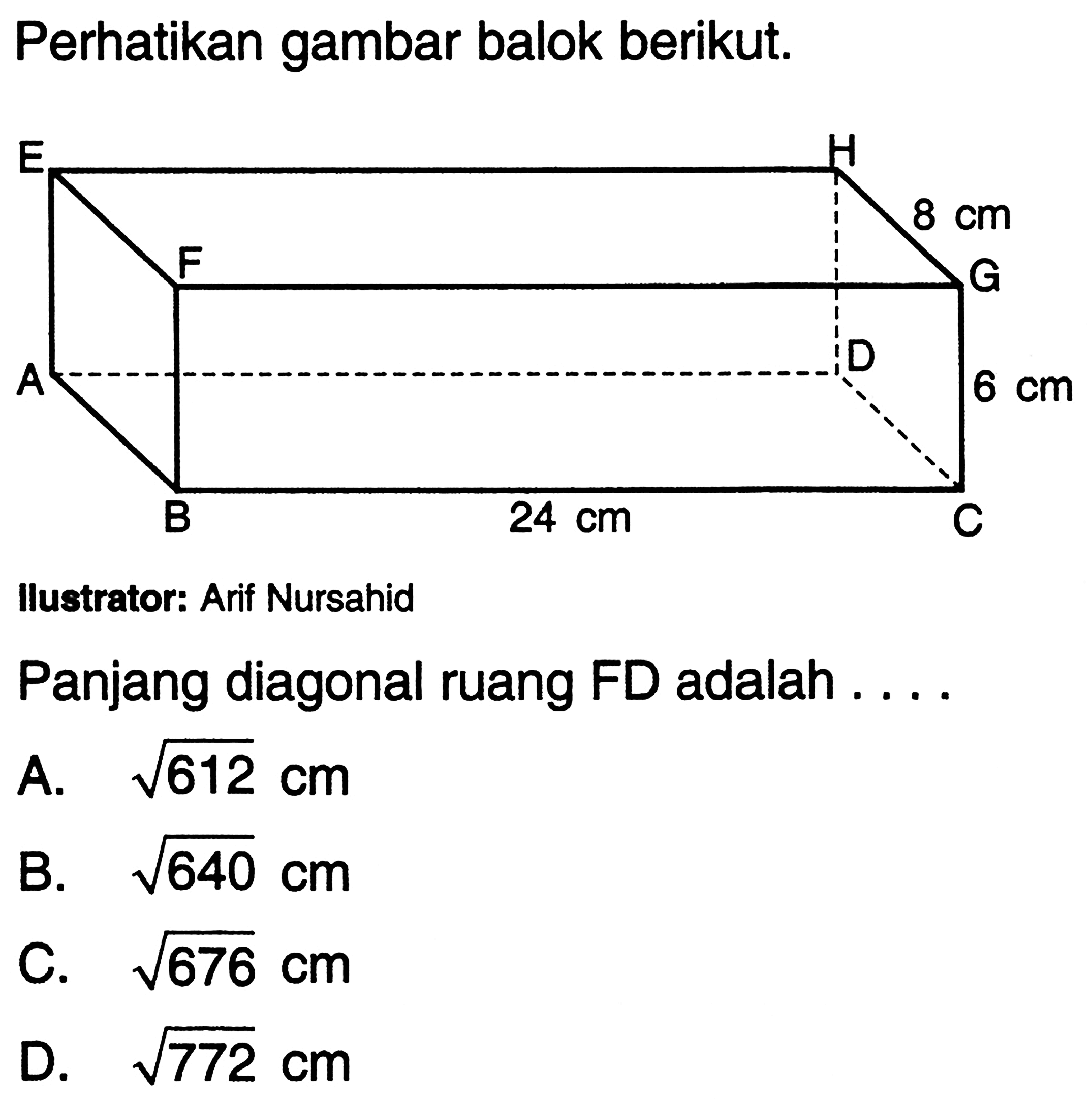 Panjang diagonal ruang FD adalah.... 8 cm 6cm 24 cm