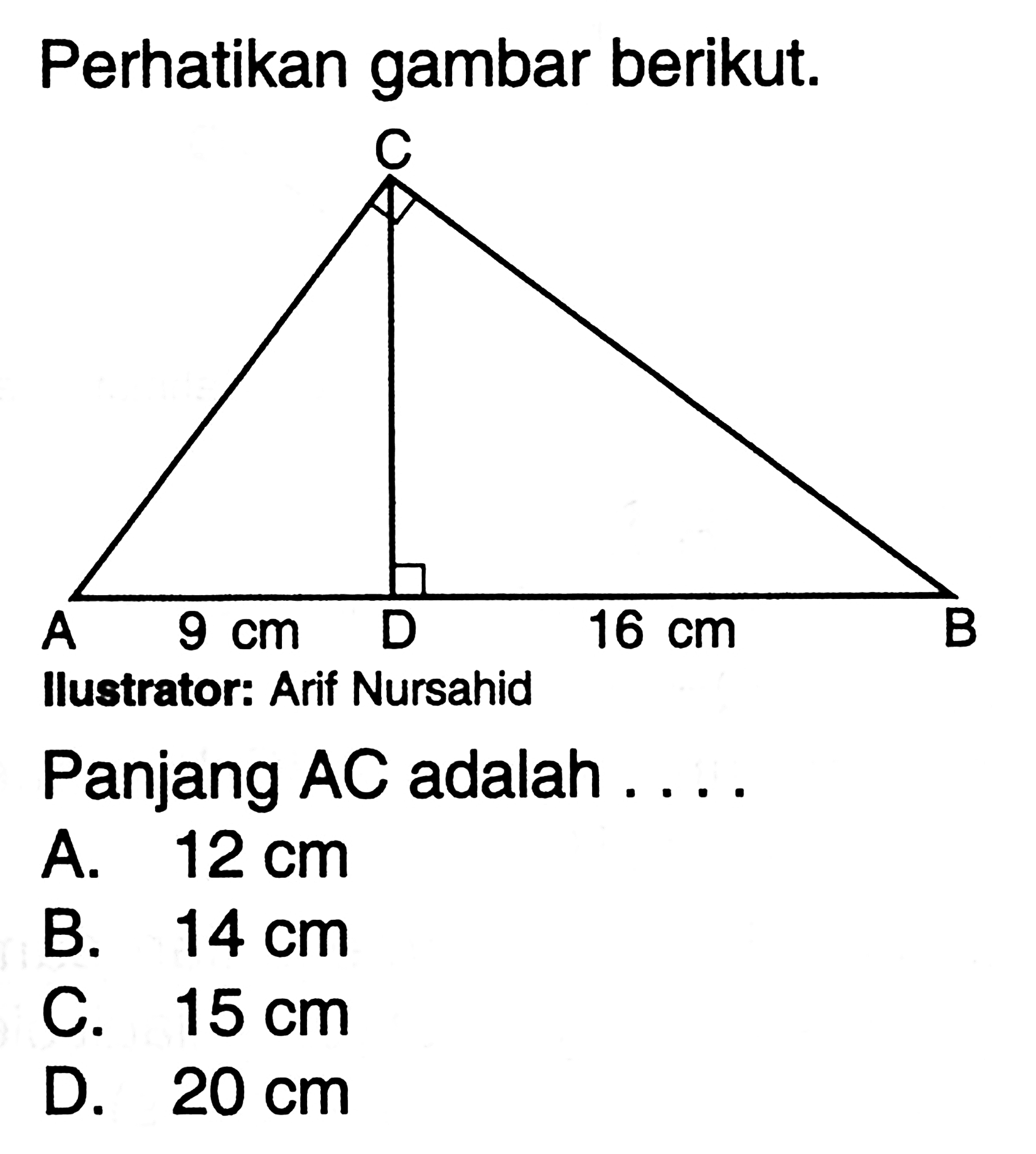 Perhatikan gambar berikut.Panjang AC adalah ...A.  12 cm B.  14 cm C.  15 cm D.  20 cm 