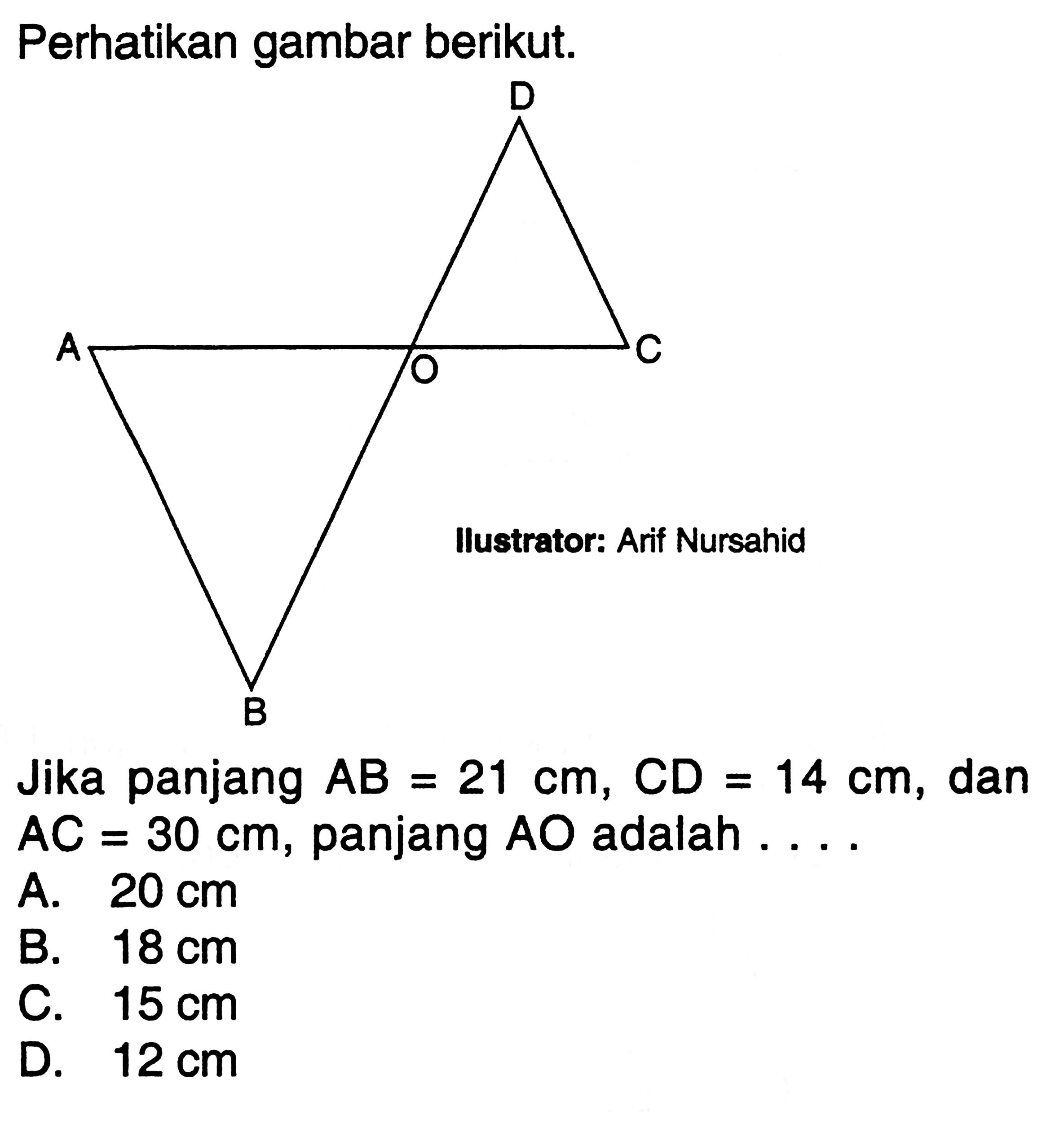 perhatikan gambar berikut.Jika panjang AB=21 cm, CD=14 cm, dan AC=30 cm, panjang AO adalah... 