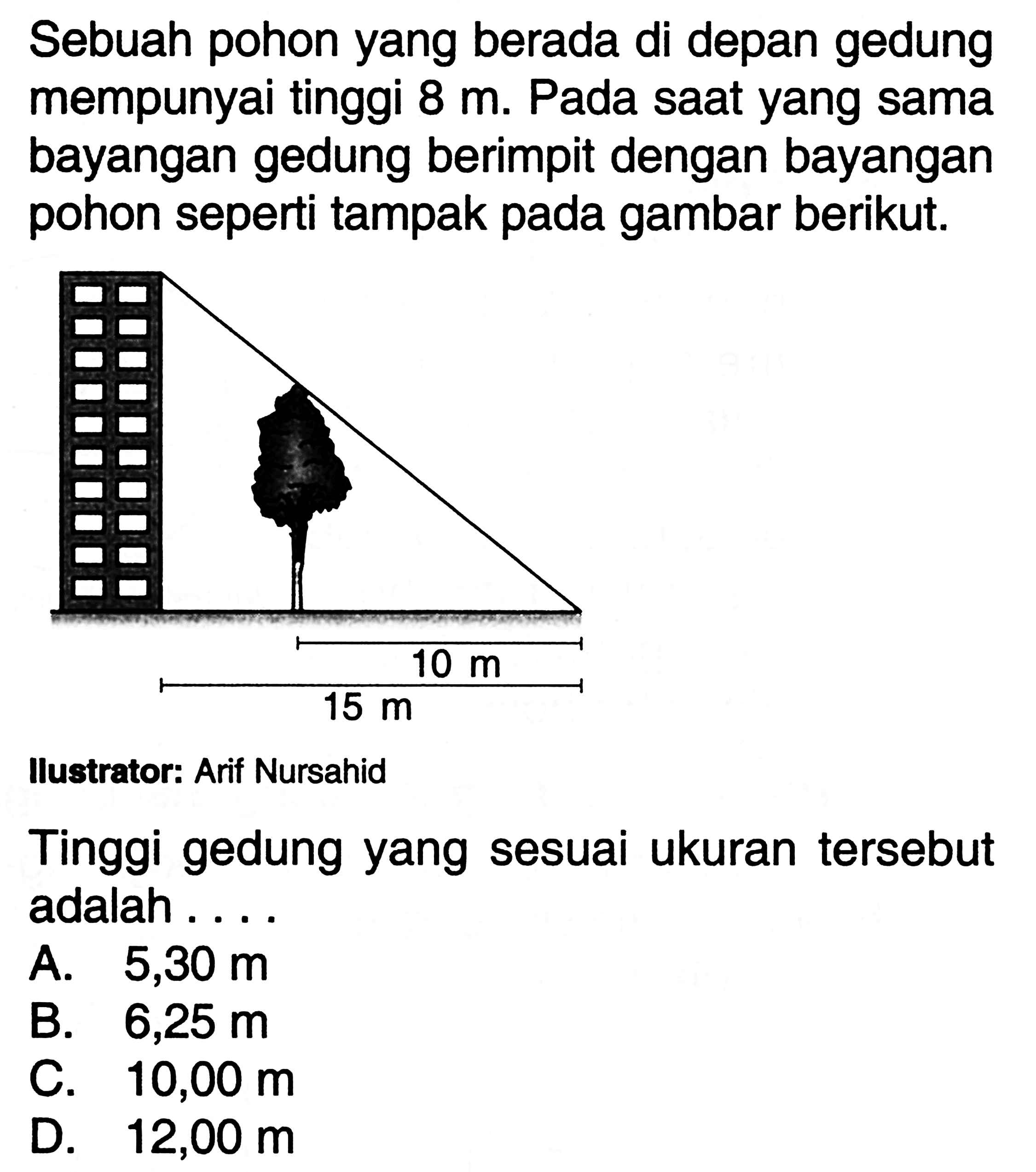 Sebuah pohonyang berada di depan gedung mempunyai tinggi 8 m. Pada saatyang sama bayangan gedung berimpit dengan bayangan pohon seperti tampak pada gambar berikut.10 m 15 mIlustrator: Arif NursahidTinggi gedungyang sesuai ukuran tersebut adalah . . . .