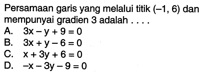 Persamaan garis yang melalui titik (-1, 6) dan mempunyai gradien 3 adalah ... A. 3x - y + 9 = 0 B. 3x + y - 6 = 0 C. x + 3y + 6 = 0 D. -x - 3y - 9 =0