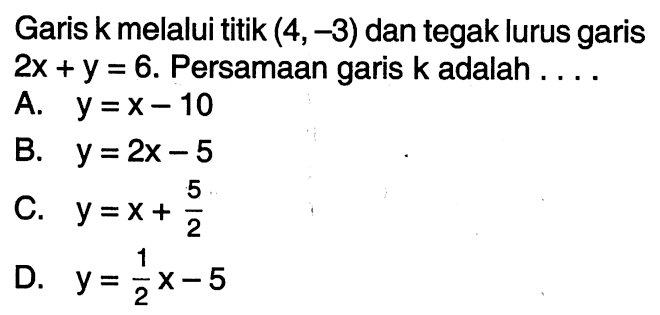 Garis k melalui titik (4, -3) dan tegak lurus garis 2x + y = 6. Persamaan garis k adalah ... A. y = x - 10 B. y = 2x - 5 C. y = x + 5/2 D. y = (1/2)x - 5