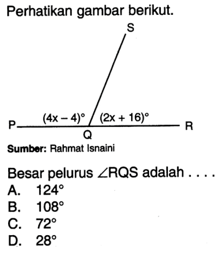 Perhatikan gambar berikut. S P (4x-4) Q (2x+16) R Sumber: Rahmat Isnaini Besar pelurus sudut RQS adalah .... A. 124 B. 108 C. 72 D. 28