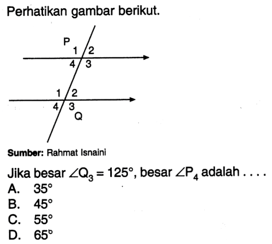 Perhatikan gambar berikut.Jika besar sudut Q3=125, besar sudut P4 adalah ....