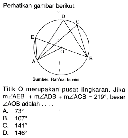 Perhatikan gambar berikut. D C E O A B Sumber: Rahmat Isnaini Titik O merupakan pusat lingkaran. Jika m sudut AEB+m sudut ADB+m sudut ACB=219, besar sudut AOB adalah .... A. 73 B. 107 C. 141 D. 146