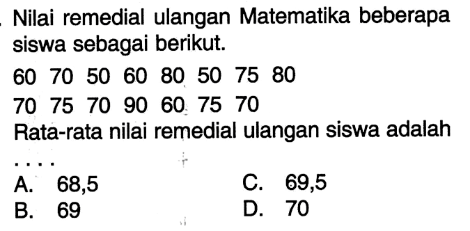 Nilai remedial ulangan Matematika beberapa siswa sebagai berikut. 60 70 50 60 80 50 75 80 70 75 70 90 60 75 70 Rata-rata nilai remedial ulangan siswa adalah ....