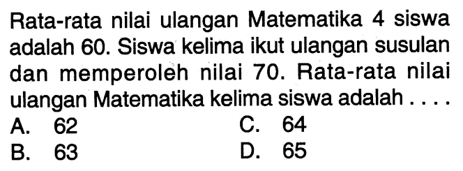 Rata-rata nilai ulangan Matematika 4 siswa adalah 60. Siswa kelima ikut ulangan susulan dan memperoleh nilai 70. Rata-rata nilai ulangan Matematika kelima siswa adalah....