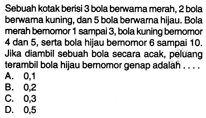 Sebuah kotak berisi 3 bola berwarna merah, 2 bola berwarna kuning, dan 5 bola berwarna hijau. Bola merah bemomor 1 sampai 3 , bola kuning bemomor 4 dan 5 , serta bola hijau bernomor 6 sampai 10 . Jika diambil sebuah bola secara acak, peluang terambil bola hijau bernomor genap adalah ....