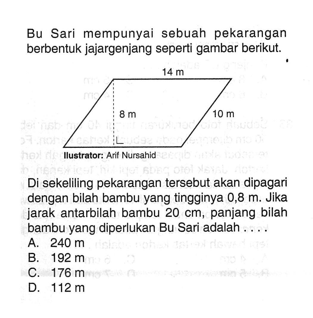 Bu Sari mempunyai sebuah pekarangan berbentuk jajargenjang seperti gambar berikut.Di sekeliling pekarangan tersebut akan dipagari dengan bilah bambu yang tingginya 0,8 m. Jika jarak antarbilah bambu 20 cm, panjang bilah bambu yang diperlukan Bu Sari adalah....