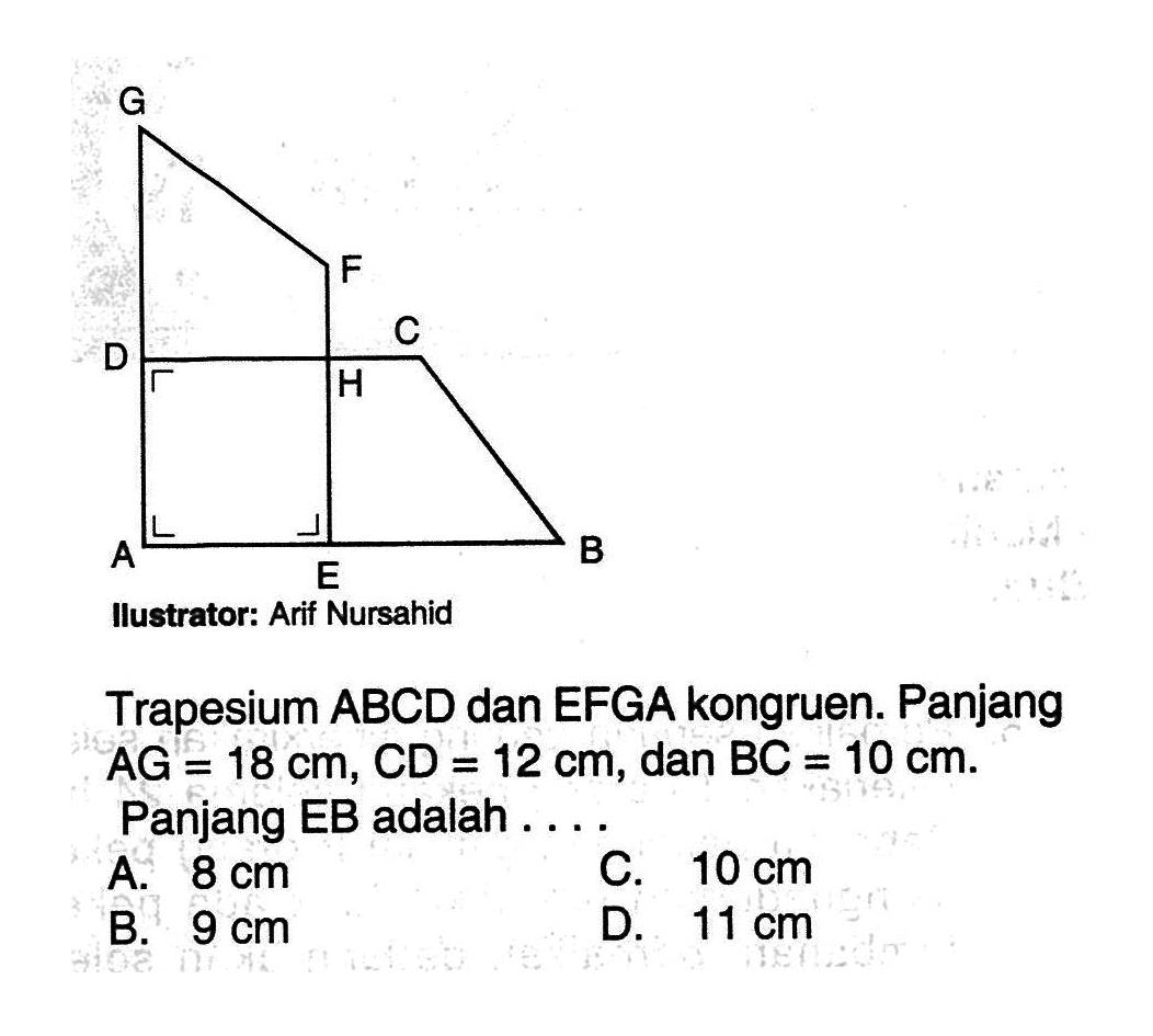 Trapesium ABCD dan EFGA kongruen. Panjang AG=18 cm, CD=12 cm, dan BC=10 cm. Panjang EB adalah....