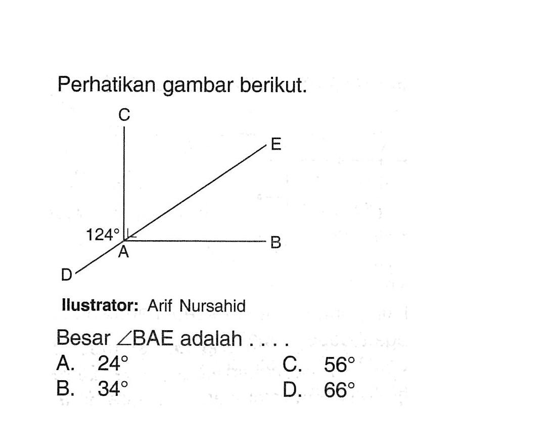 Perhatikan gambar berikut. 124 ABCDE Besar sudut BAE adalah.... A. 24 B. 34 C. 56 D. 66