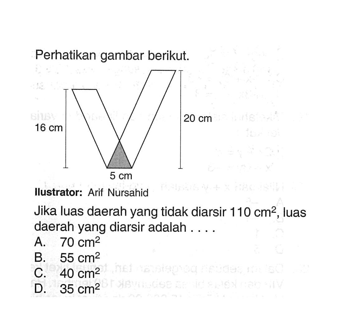 Perhatikan gambar berikut. 16 cm 20 cm 5 cmIlustrator: Arif NursahidJika luas daerah yang tidak diarsir  110 cm^2 , luas daerah yang diarsir adalah ....