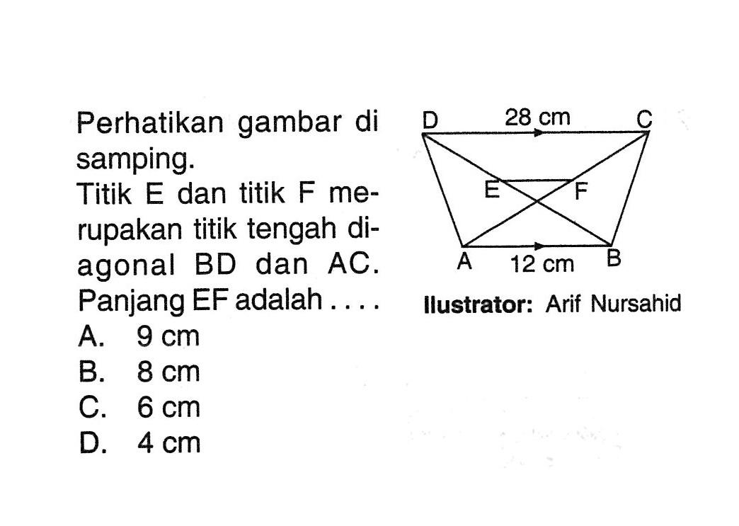 Perhatikan gambar di samping. 12 cm 20 cmTitik E dan titik F merupakan titik tengah diagonal BD dan AC. Panjang EF adalah....