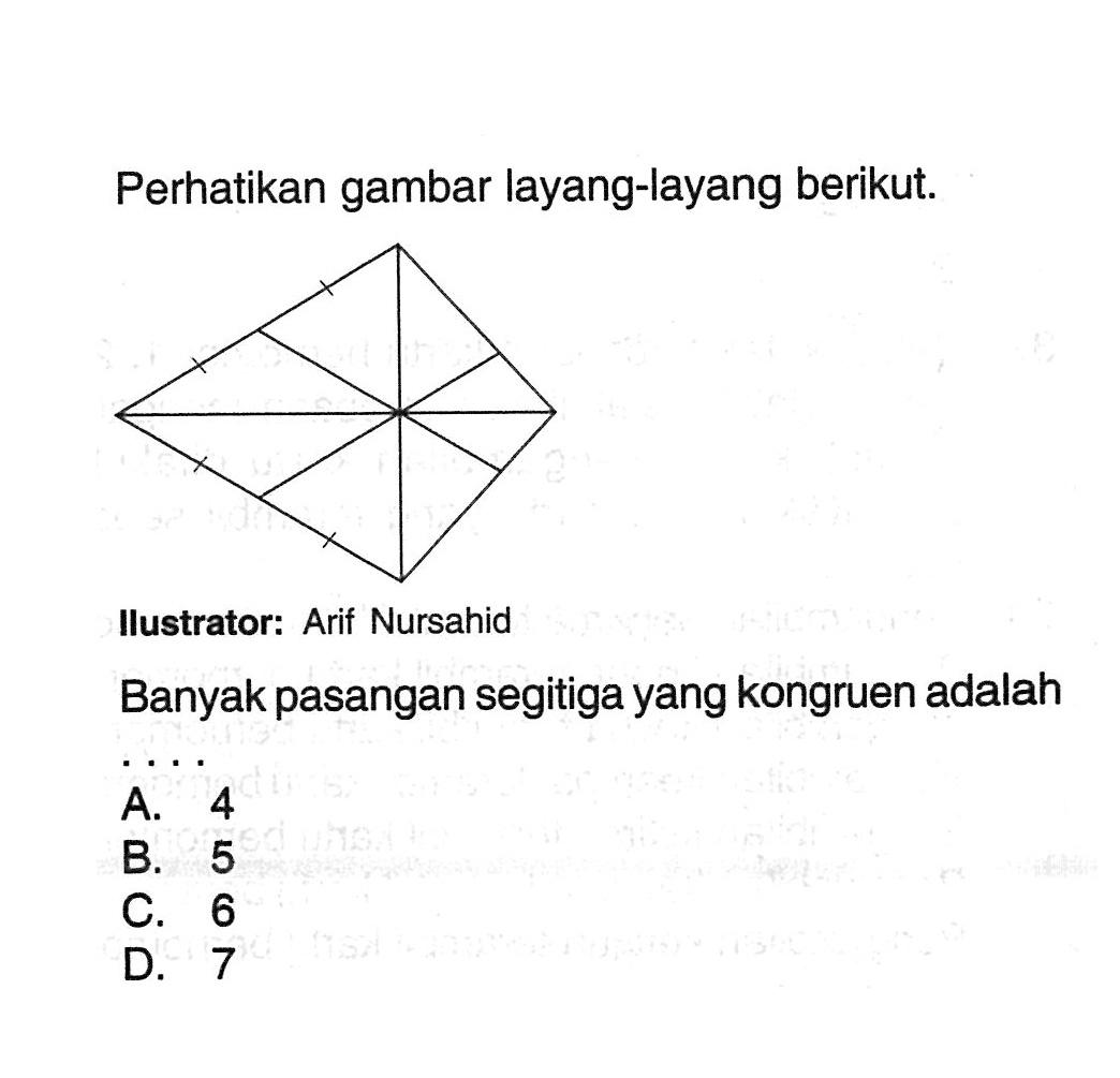 Perhatikan gambar layang-layang berikut.Ilustrator: Arif NursahidBanyak pasangan segitiga yang kongruen adalah ....