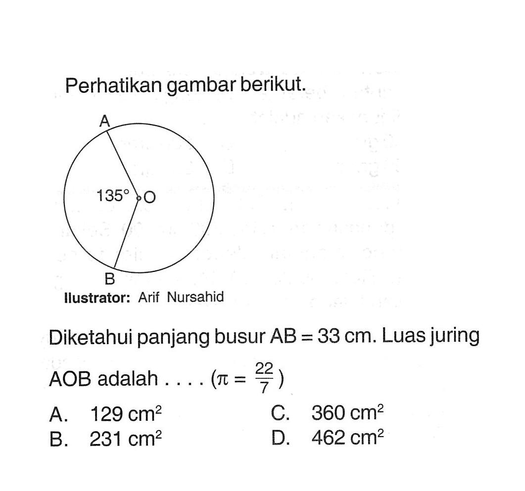 Perhatikan gambar berikut.Diketahui panjang busur AB=33 cm. Luas juring AOB adalah .... (pi=22/7)