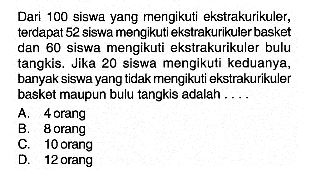 Dari 100 siswa yang mengikuti ekstrakurikuler, terdapat 52 siswa mengikuti ekstrakurikuler basket dan 60 siswa mengikuti ekstrakurikuler bulu tangkis: Jika 20 siswa mengikuti keduanya, banyak siswa yang tidak mengikuti ekstrakurikuler basket maupun bulu tangkis adalah .... A. 4 orang B. 8 orang C.10 orang D. 12 orang