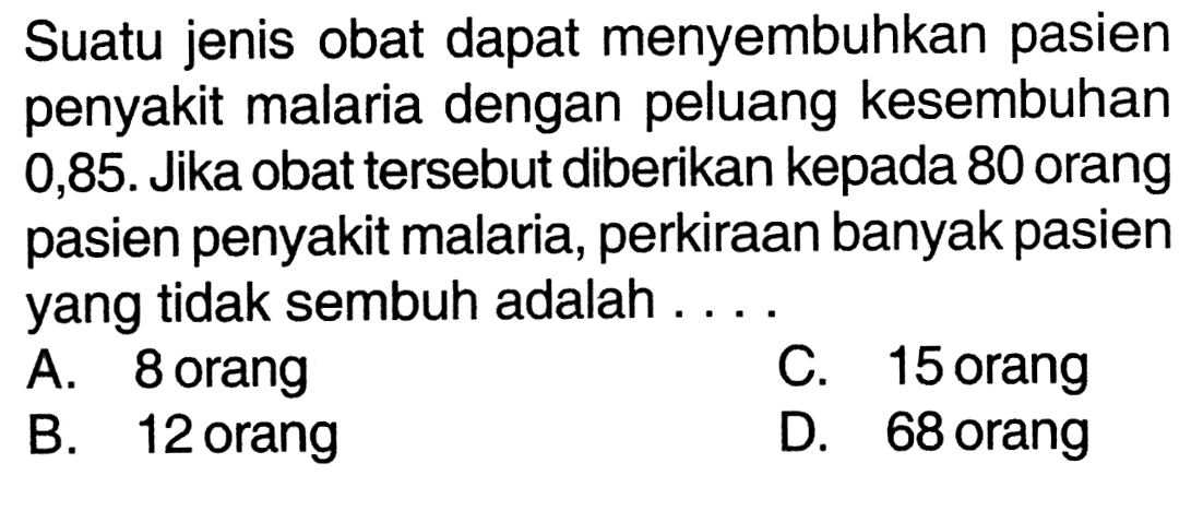 Suatu jenis obat dapat menyembuhkan pasien penyakit malaria dengan peluang kesembuhan 0,85. Jika obat tersebut diberikan kepada 80 orang pasien penyakit malaria, perkiraan banyak pasien yang tidak sembuh adalah ....