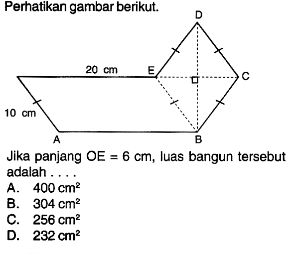 Perhatikan gambar berikut. 10 cm 20 cmJika panjang OE=6 cm, luas bangun tersebut adalah ...