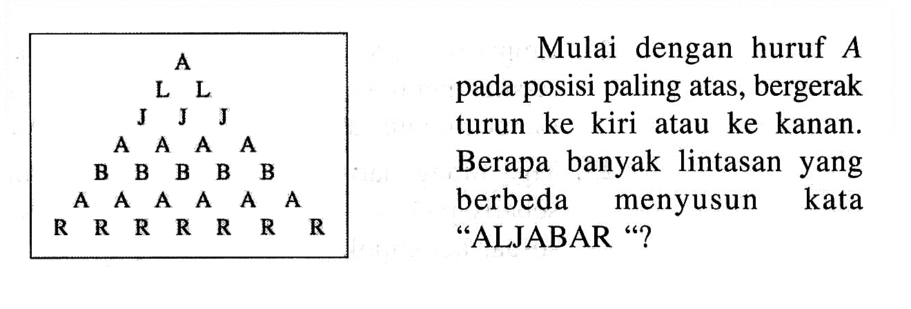 Mulai dengan huruf  A 
pada posisi paling atas, bergerak
turun ke kiri atau ke kanan.
Berapa banyak lintasan yang
berbeda menyusun kata
"ALJABAR"?
A L L J J J A A A A B B B B B A A A A A A R R R R R R R R 