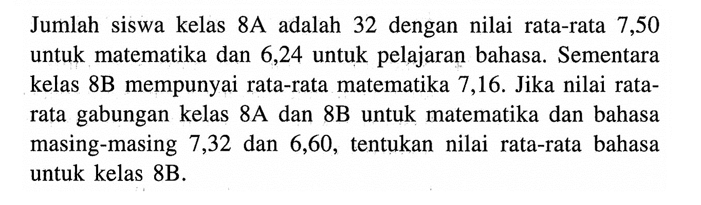 Jumlah siswa kelas 8A adalah 32 dengan nilai rata-rata 7,50 untuk matematika dan 6,24 untuk pelajaran bahasa. Sementara kelas 8B mempunyai rata-rata matematika 7,16 . Jika nilai ratarata gabungan kelas 8A dan 8B untuk matematika dan bahasa masing-masing 7,32 dan 6,60 , tentukan nilai rata-rata bahasa untuk kelas 8B.