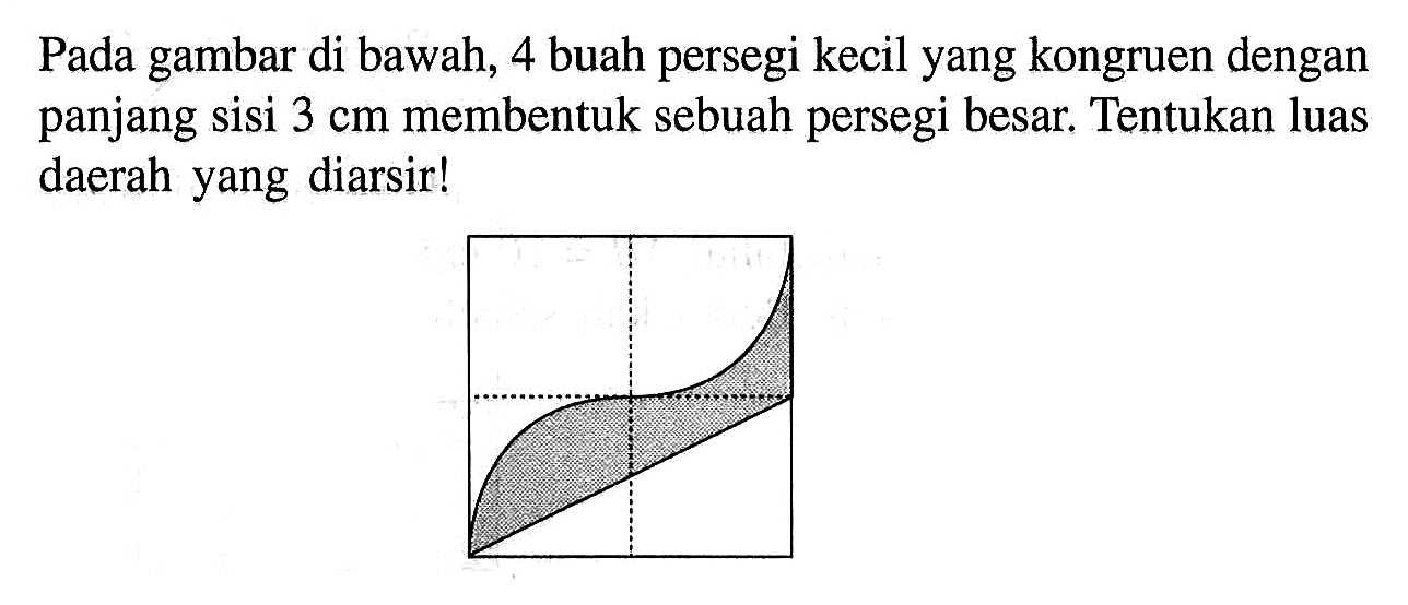 Pada gambar di bawah, 4 buah persegi kecil yang kongruen dengan panjang sisi 3 cm membentuk sebuah persegi besar. Tentukan luas daerah yang diarsir! 