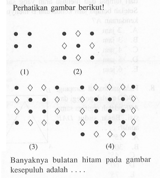 Perhatikan gambar berikut! Banyaknya bulatan hitam pada gambar kesepuluh adalah ....