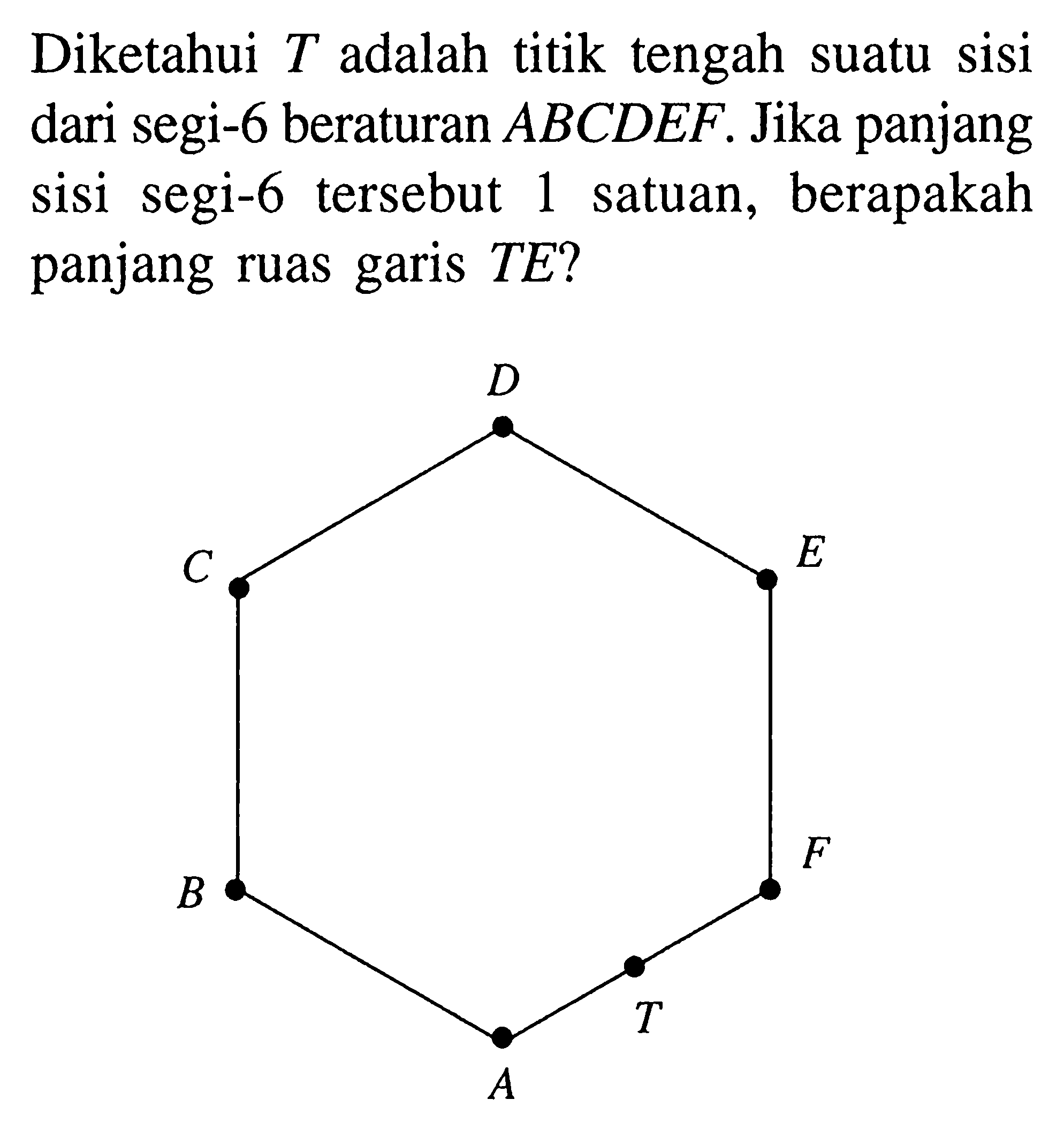 Diketahui  T  adalah titik tengah suatu sisi dari segi-6 beraturan  A B C D E F .  Jika panjang sisi segi-6 tersebut 1 satuan, berapakah panjang ruas garis TE? 