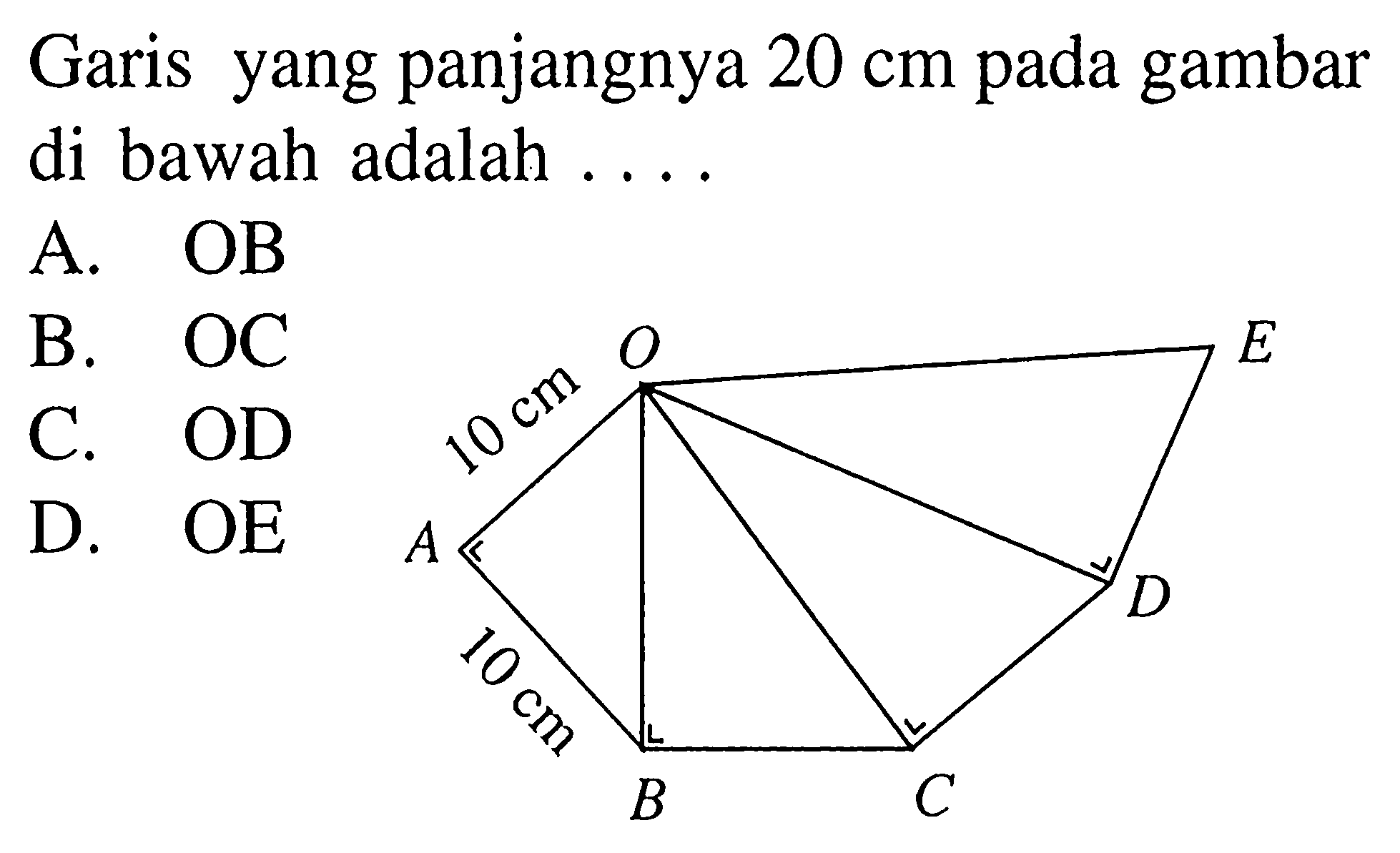 Garis yang panjangnya 20 cm pada gambar di bawah adalah ....10 cm 10 cm A O B C D EA. OB 
B. OC 
C. OD 
D. OE 