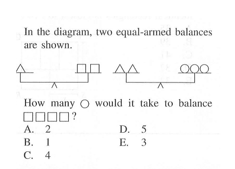 In the diagram, two equal-armed balances are shown.segitiga persegi persegisegitiga segitiga lingkaran lingkaran lingkaranHow many circle would it take to balance square square square square ?